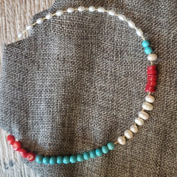 Cultered freshwater pearls,turquoise and coral choker handmade - Picture 5 of 6